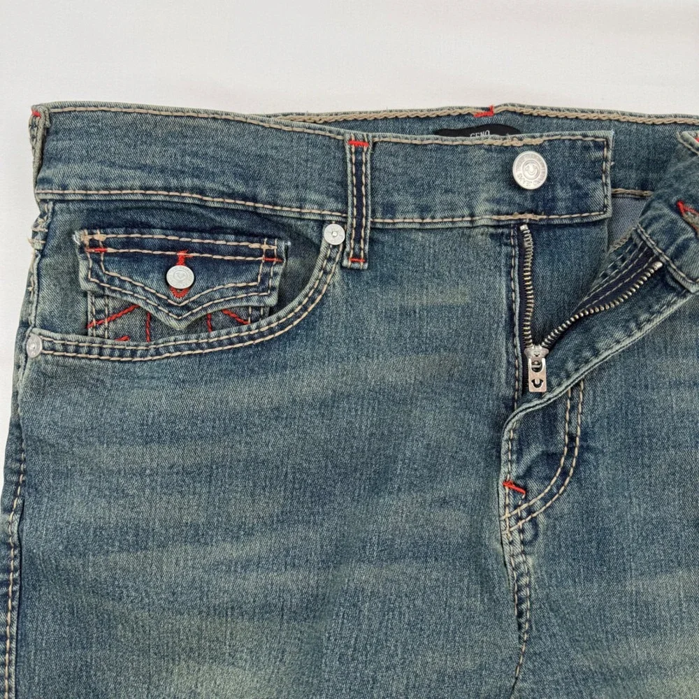 True Religion Geno Big T Flap Slim Jeans Medium Steamy Wash Red Stitch 36X32 NEW